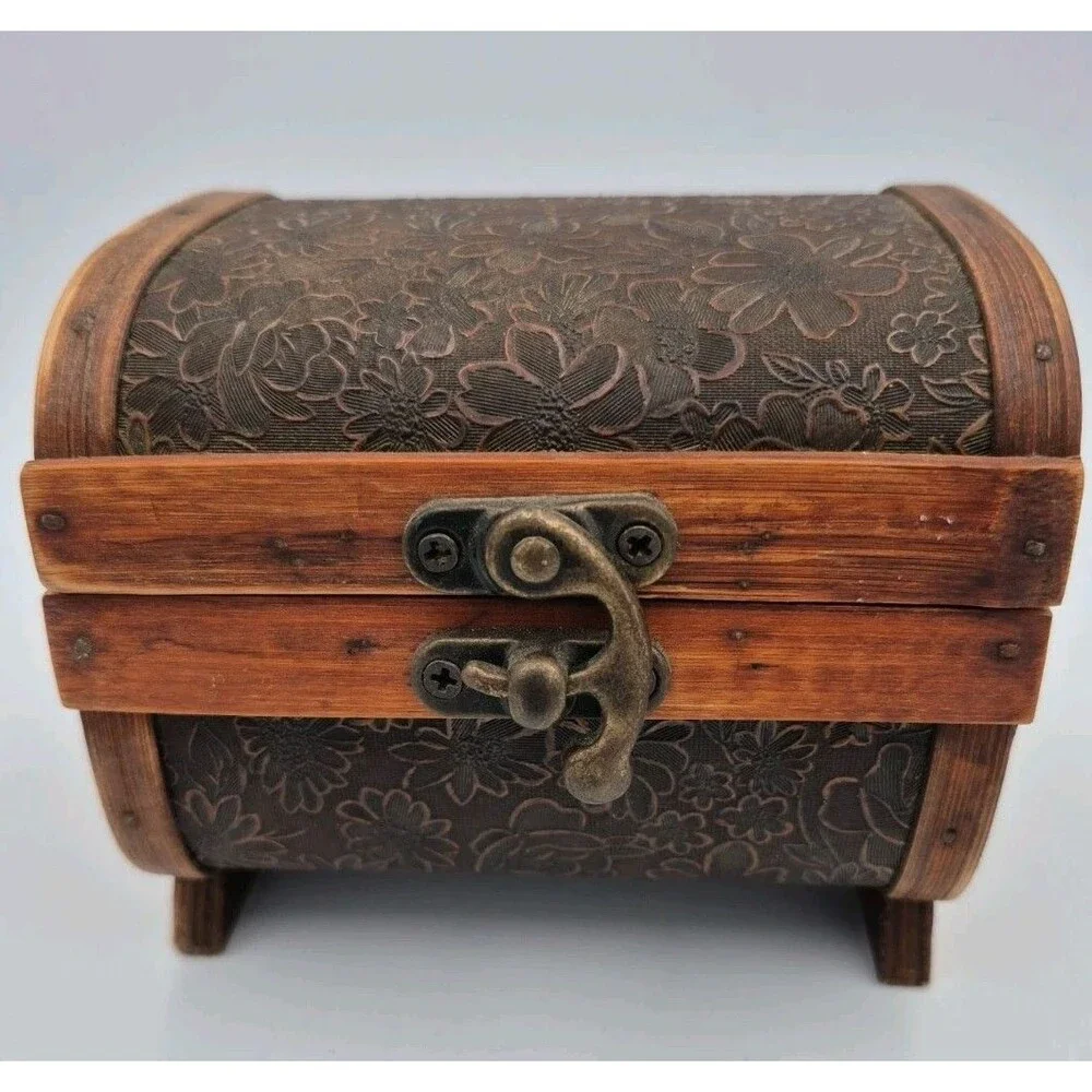 Vtg. Mini Wooden Treasure Chest Trinket Box with Metal Latch